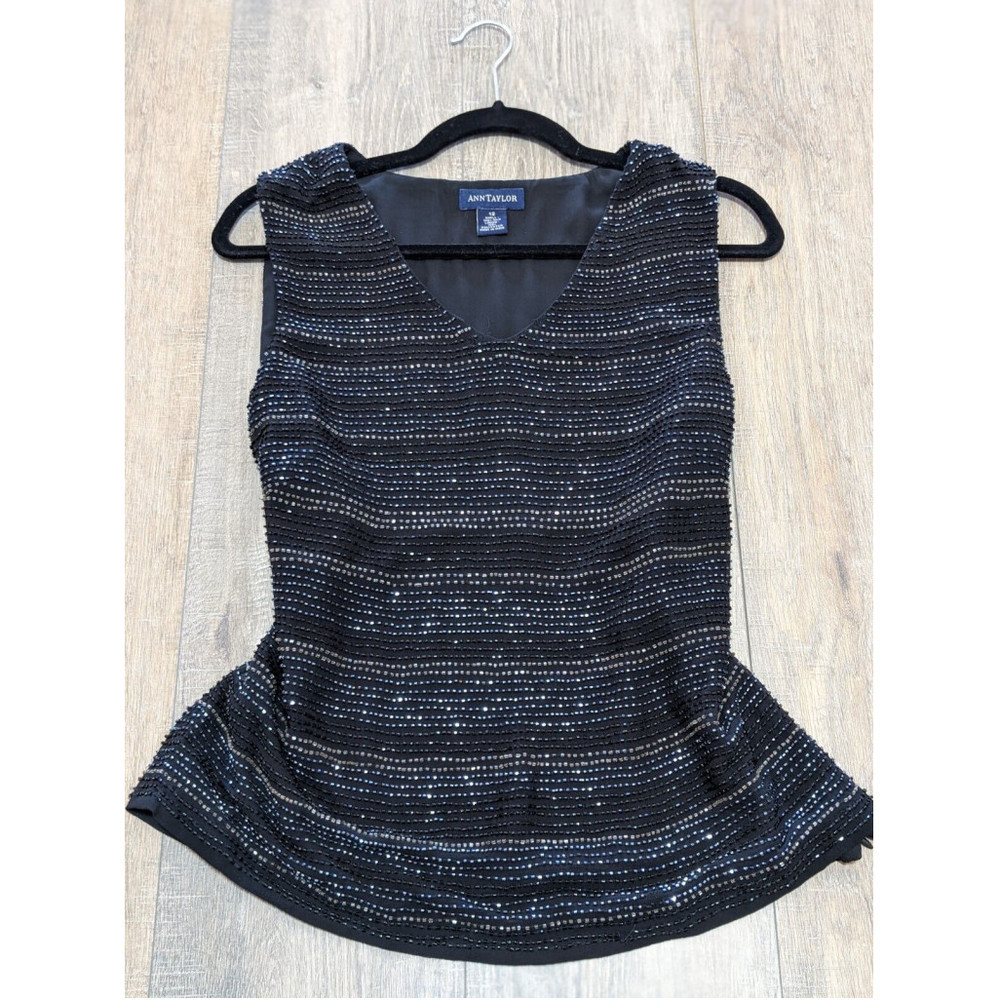 Ann Taylor Silk Top Womens 12 Black Sleeveless Beaded V Neck Casual Cocktail